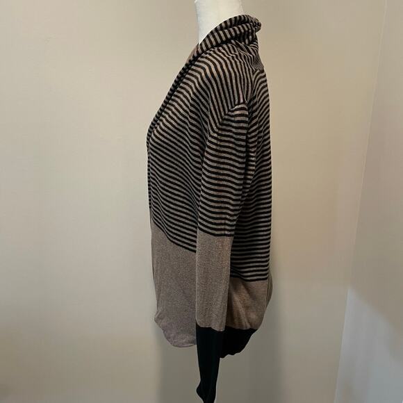 Max Studio Faux Wrap Pullover Sweater Sz L Striped Colorblock Tan Black Chic - Picture 3 of 9